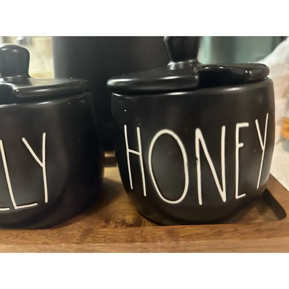 RAE DUNN Black HONEY & JELLY Set Lids & Wood Tray Breakfast Toast Artisan